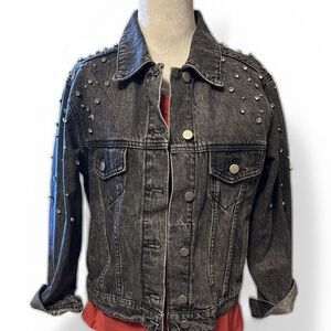 Leo & Viola Dark Gray Studded and Rhinestone Jean Jacket, new